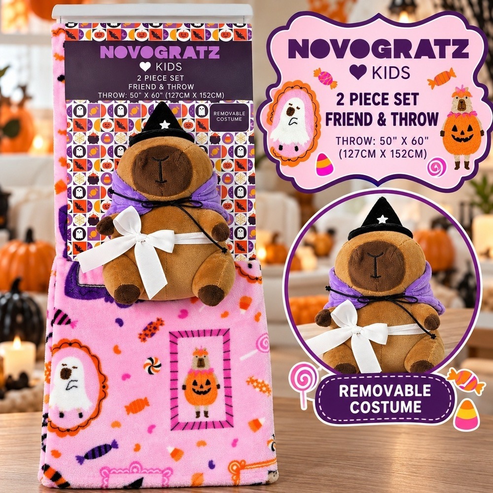 Novogratz Kids Halloween Capybara Plush and Throw Blanket Set Pink 50x60 New